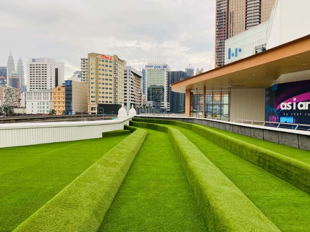 Artificial grass installation at Bukit Bintang Convention Centre in Kuala Lumpur, view 1